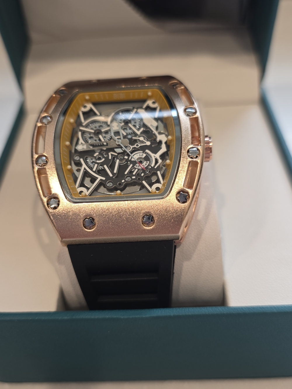 BiBi Rose Gold Skeleton Watch with Black Strap and Yellow Accent - Picture 4 of 6